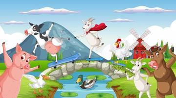 Farm background with happy animals vector
