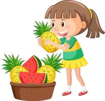 niña con canasta de frutas sobre fondo blanco vector