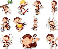 Sticker set of funny monkey cartoon characters vector