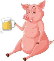 Drunk pig drinking beer vector