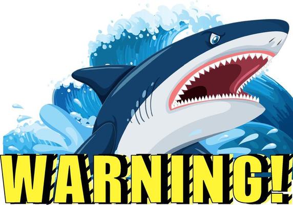 A Marine logo with big blue shark and warning text