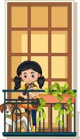 A girl with her dogs standing on the balcony vector