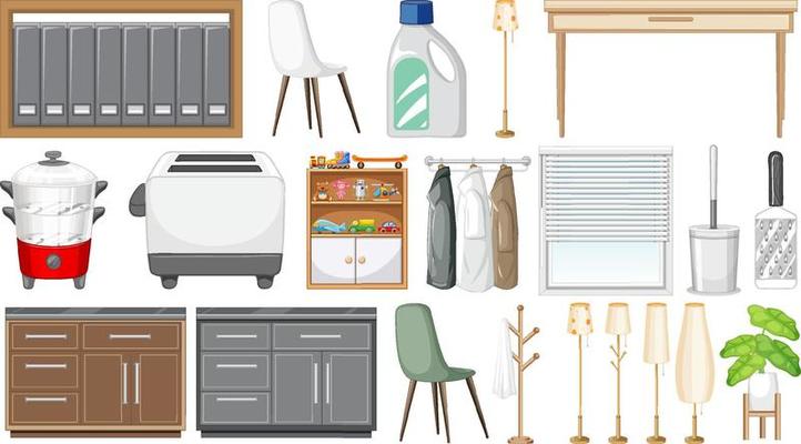 Furniture and household appliances on white background