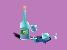 Botella de vino venenosa 3d y un par de copas de vino en fondo púrpura vector