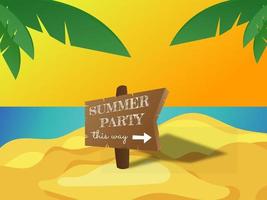 letrero de madera de fiesta de verano con playa de arena y hojas de palma frente al mar y al atardecer vector
