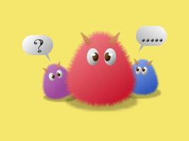 3d illustration of three fluffy cute colorful monster staring with question mark in yellow background vector