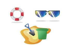 3d illustration of summer thing in beach, lifebouy, playing sand, sunglass vector summer set isolated in white