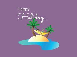 3D man relax in small island drinking in summer holiday with coconut trees isolated in purple vector illustration