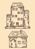 Hand drawn doodle houses vector illustration. Big and small. Vintage.