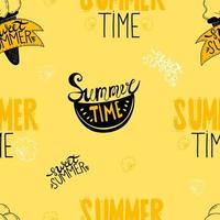 Seamless summer pattern. Watermelon slice and ice cream with lettering Summer and sweet time on yellow background with seashells. Vector illustration For design, decor, wallpapers, textiles, printing