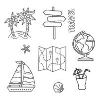 Travel set of doodles. Outline symbol collection. Globe, cockleshell, navigation, cocktail. Vector