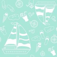 Vector seamless pattern.Blue background with nautical theme. Ships, clouds with a cocktail and ice cream, beach slippers and a swimming mask. Packaging, design and printing.  white line