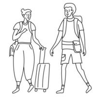 Linear outline drawing girl and guy tourists. She has bag on her shoulder and suitcase on wheels. He is with backpack behind his back and belt with a bag. Doodle set. vector