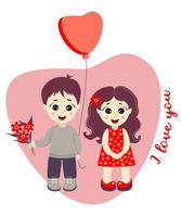 Couple - boy with bouquet of flowers and balloon and cute Pretty girl against background of heart. Text - I love you. Vector