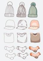 Items of clothing. Things - hat, cap, socks, folded T-shirt. Different design options - outline, stroke, vintage, outline and color. Vector illustration