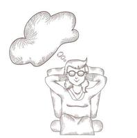 girl sits and dreams with her eyes closed. Above it is dream cloud where you can write text. Vector drawing - stroke and line.