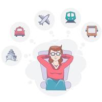 Girl with closed eyes is dreaming Over different vehicles for travel.. Vector illustration