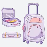 Vector picture of luggage. Different positions of suitcase - open, closed, lies with things, stands, on wheels of purple-pink color