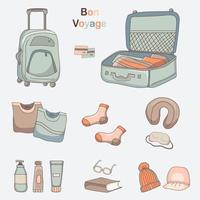 conjunto de dibujos vectoriales de ropa de equipaje y cosas para viajes y vacaciones vector