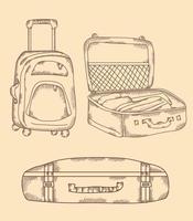 Collect travel items. Different types of suitcase, open, closed, stands on wheels. Vacation Hand drawn vector set, strokes, vintage. All elements are isolated