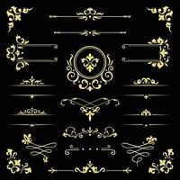 Decorative golden corners and dividers. Ornamental curls border, royal ornaments vector set