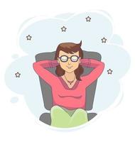 Vector drawing of girl sitting in chair and dreaming in pink sweater with closed eyes on  background with stars