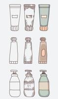 Packaging. Care items Cosmetics, bottles. Various design options - outline, shading, outline and color. Vector illustration