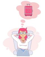 sitting and dreaming girl about trip with closed eyes Above it is cloud with of pink suitcase. Vector