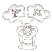 girl sits and dreams of rest with her eyes closed. Above it is cloud with pictures of nature - palm trees with the sun and mountains with trees.Vector illustration. Line, hand drawn doodle vector