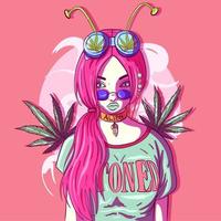 Pale girl with marijuana leaves and alien antennae. Stoner and psychedelic conceptual art with cannabis leaves and a high woman. Portrait of a millennial with round hippie eyeglasses. vector