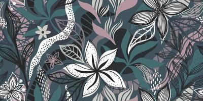 VECTOR SEAMLESS TURQUOISE BANNER WITH WHITE FLOWERS AND COLORFUL TROPICAL LEAVES