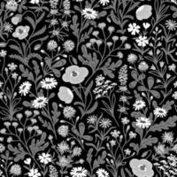 BLACK AND WHITE VECTOR SEAMLESS BACKGROUND WITH A VARIETY OF WILDFLOWERS