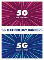 Banners de tecnología ultrarrápida de 5g. modernas redes móviles de alta velocidad de quinta generación, diseño vectorial, para anuncios, banners y web. Descargas rápidas de Internet en teléfonos móviles. vector