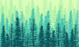 Green Mist Pine Tree Forest, Horizontal Seamless Flat Design in Shades of Green. Trees Silhouettes gradient background.