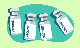 Set of vaccine vials illustration. Vaccination concept. Medical ampules on green blob background. vector