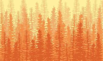 bosque de pinos de niebla naranja, diseño plano horizontal sin costuras en tonos de naranja y amarillo. fondo degradado de siluetas de árboles.