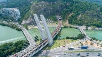 Rio de Janeiro, MAY 2019  - Aerial flying over a train bridge photo