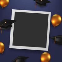 Happy graduation with photo frame template and 3d realistic graduation cap and golden balloon illustration vector