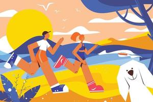 Young Energetic Couple Running Seaside Flat Illustrator vector