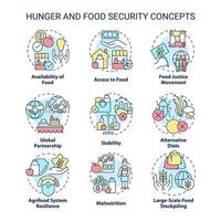 conjunto de iconos de concepto de hambre y seguridad alimentaria. disponibilidad de alimentos y accesibilidad idea ilustraciones en color de línea delgada. símbolos aislados. trazo editable. vector