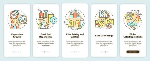 Risks to food security onboarding mobile app screen. Food shortage walkthrough 5 steps graphic instructions pages with linear concepts. UI, UX, GUI template. vector