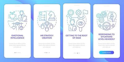 HR soft skills blue gradient onboarding mobile app screen. Hiring work walkthrough 4 steps graphic instructions pages with linear concepts. UI, UX, GUI template. vector