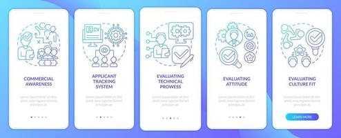 Habilidades de recursos humanos para la pantalla de la aplicación móvil de incorporación de degradado azul empresarial. tutorial 5 pasos páginas de instrucciones gráficas con conceptos lineales. interfaz de usuario, ux, plantilla de interfaz gráfica de usuario. vector