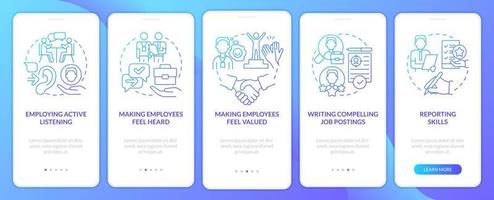HR professional skills blue gradient onboarding mobile app screen. Walkthrough 5 steps graphic instructions pages with linear concepts. UI, UX, GUI template. vector