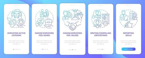 pantalla de la aplicación móvil de incorporación de gradiente azul de habilidades profesionales de recursos humanos. tutorial 5 pasos páginas de instrucciones gráficas con conceptos lineales. interfaz de usuario, ux, plantilla de interfaz gráfica de usuario. vector
