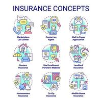 conjunto de iconos de concepto de seguro. política de protección financiera. servicio de seguridad para los clientes idea ilustraciones en color de línea delgada. símbolos aislados. trazo editable.