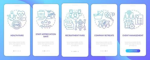 HR organizing skills blue gradient onboarding mobile app screen. Company walkthrough 5 steps graphic instructions pages with linear concepts. UI, UX, GUI template. vector