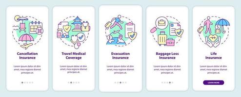 Types of travel insurance onboarding mobile app screen. Tourist coverage walkthrough 5 steps graphic instructions pages with linear concepts. UI, UX, GUI template. vector