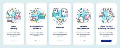 Federal social insurance includes onboarding mobile app screen. Payment walkthrough 5 steps graphic instructions pages with linear concepts. UI, UX, GUI template. vector