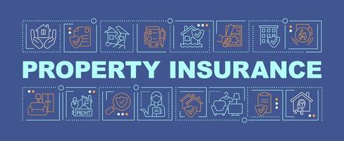 Property insurance word concepts dark blue banner. Coverage type. Infographics with icons on color background. Isolated typography. Vector illustration with text.